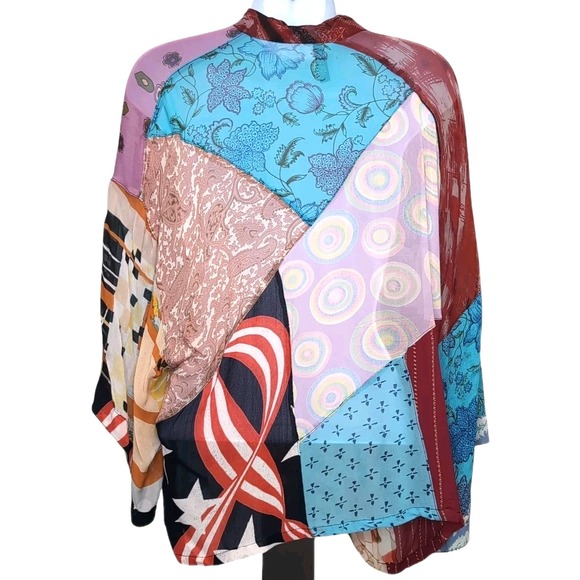 Sacred Threads Sheer Shirt Womens M Patchwork Artsy Boho Button Front Rayon Top - Picture 2 of 11